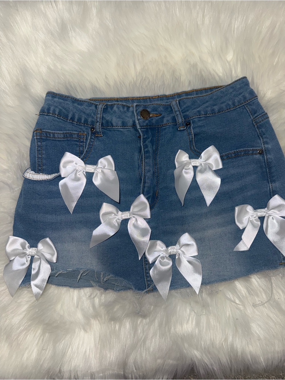 SHEIN Blue Denim Mini Skirt with White Satin Bows